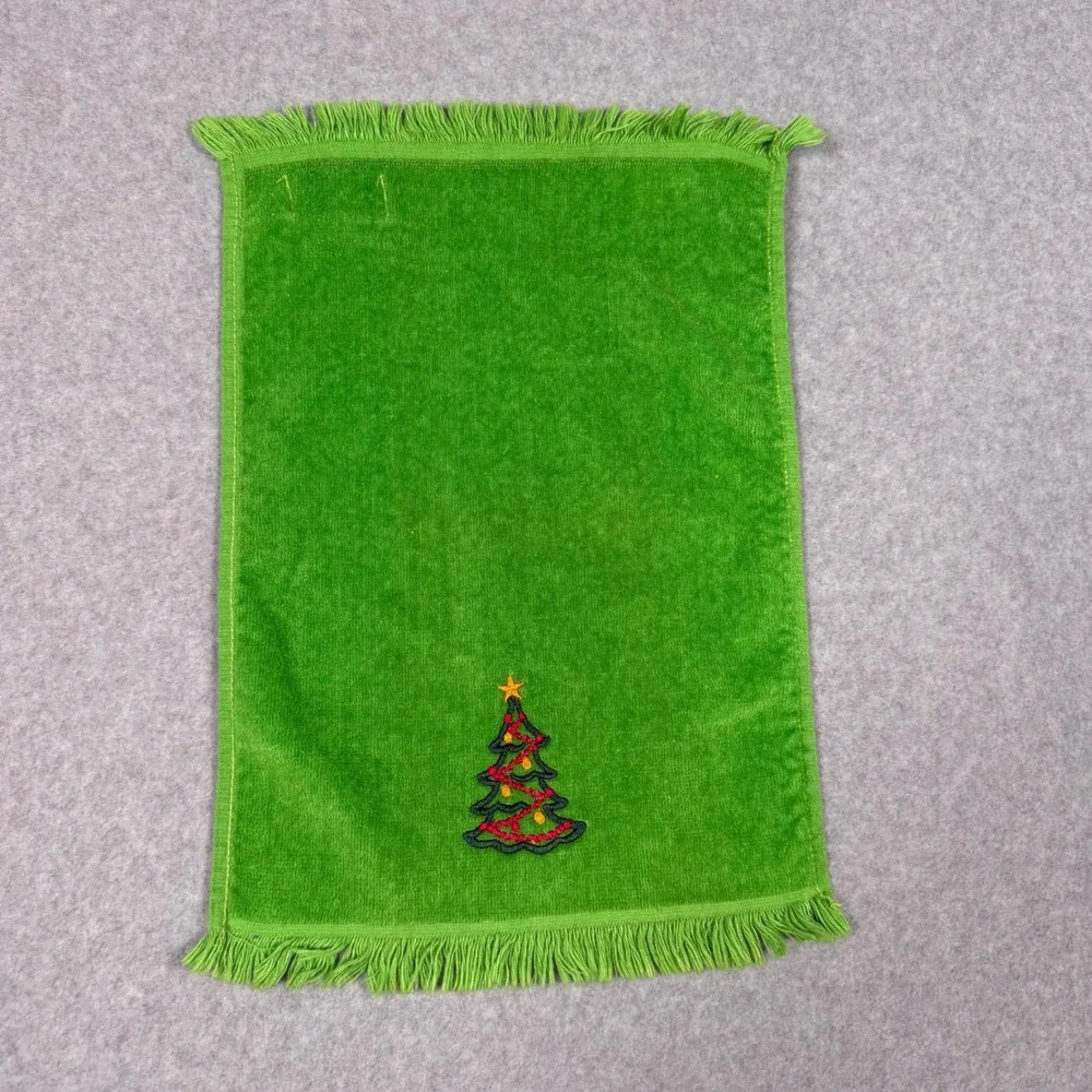 Vintage 70s Zodiac Green Christmas Tree Embroidered Cotton Hand Towel Fringe USA